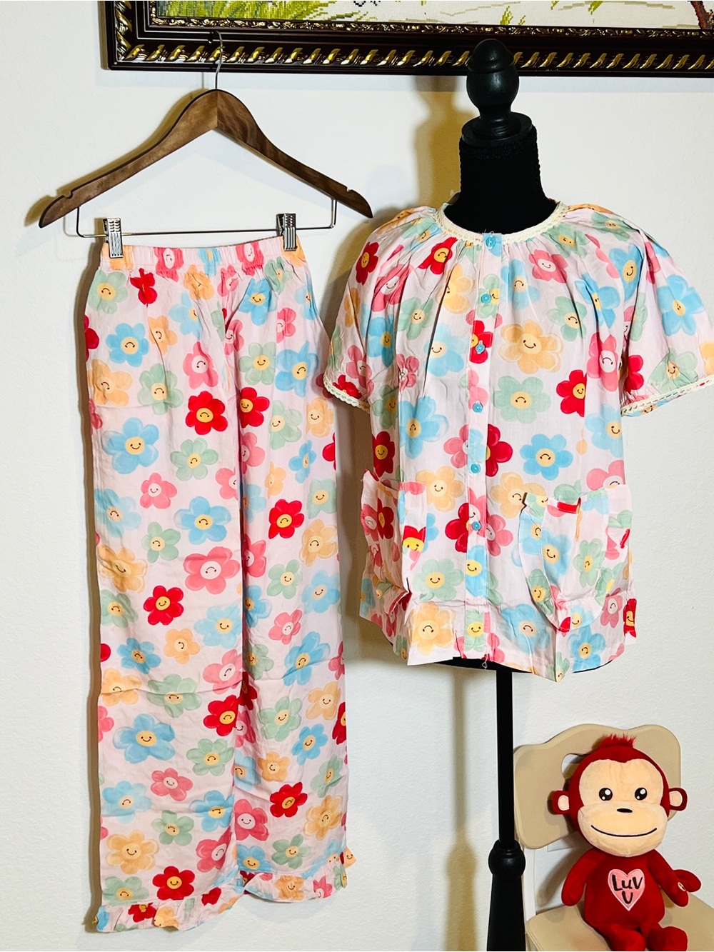 Floral Smocked Short-Sleeve Pajama Set - Multicolor Flower Print